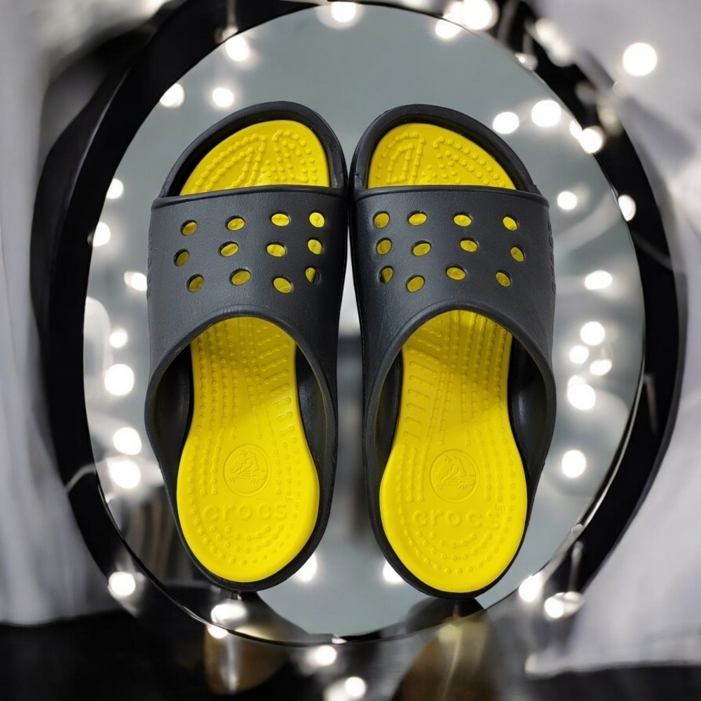 Croc Unisex Men's 8 Women's 10 black and yellow slides with great traction. More